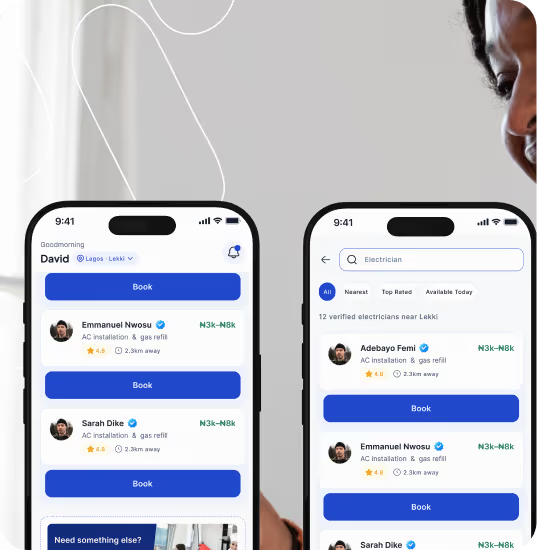 Two smartphones show booking apps listing electricians and AC installers with ratings and prices near Lekki.